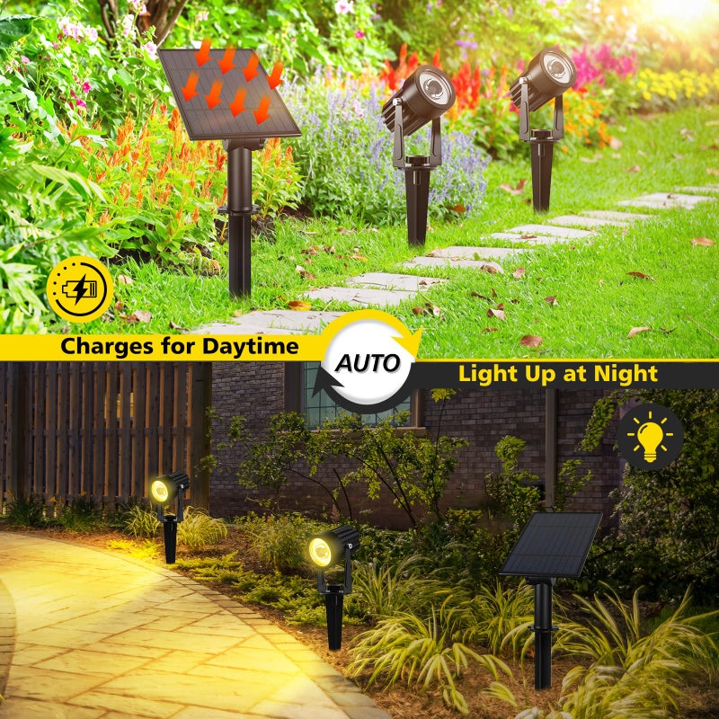 T-SUN Solar Spotlights 2W Outdoor LED Landscape Spot Light, 2-in-1 Waterproof Solar Powered Wall Lights Auto ON/Off with Dual Headlamp for Garden, Yard, Pathway(Warm White) - Image 4